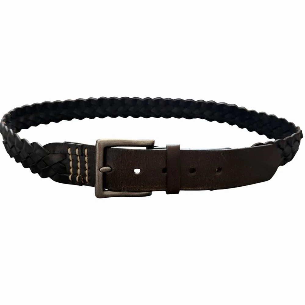 Men's Genuine‎ Leather Braided Belt Dark Brown Size 42 Vintage Style Buckle